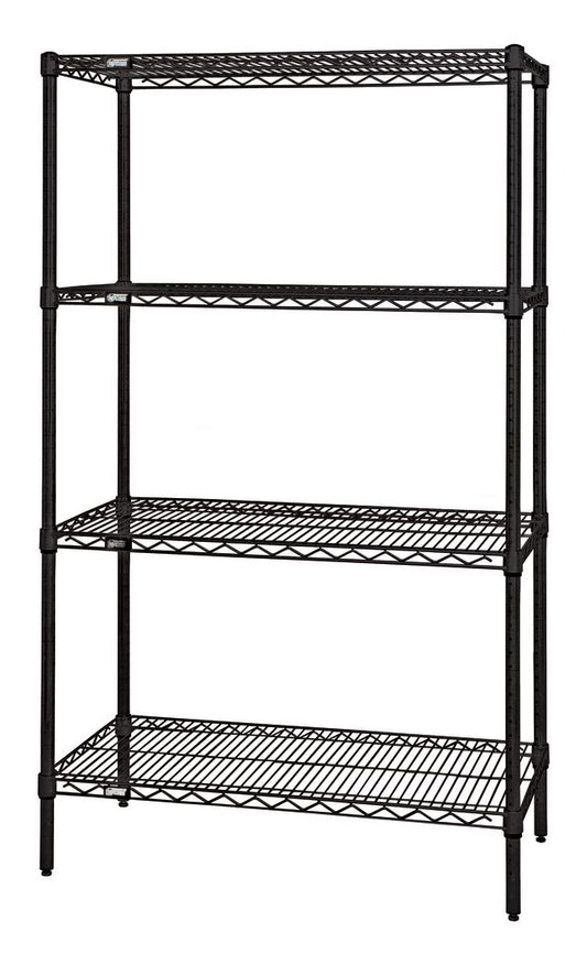 Black metal shelving unit with four shelves on a white background