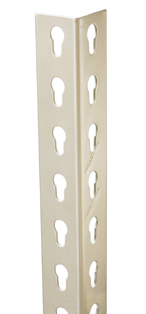 Beige metal corner brace with multiple holes on a white background