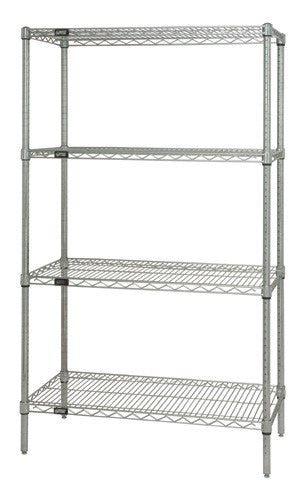 Metal wire shelving unit with four shelves on a white background