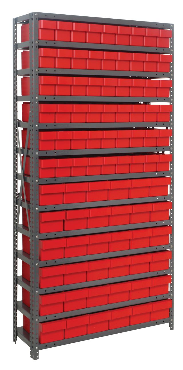 Storage rack with red bins on a gray metal frame