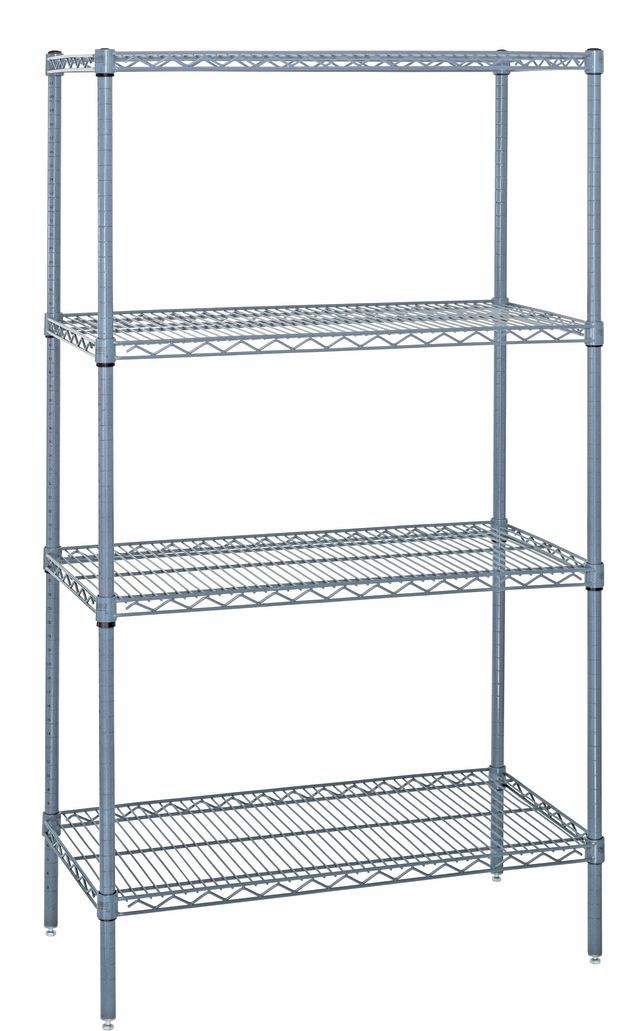 Metal shelving unit with four shelves on a white background