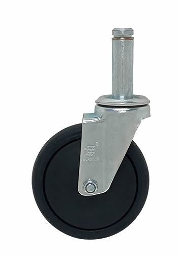 Black caster wheel with metal brake on a white background