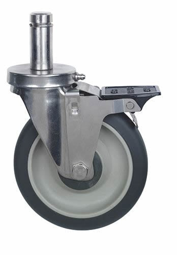 Gray caster wheel with metal axle on a white background