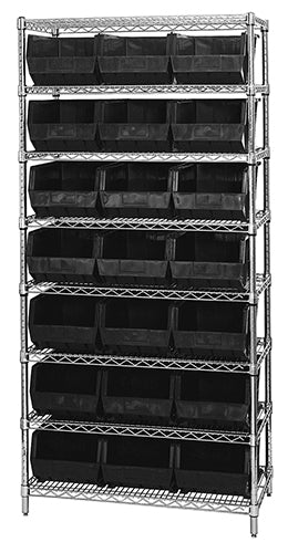 Quantum WR8-255 in Black – Quantum Stack & Hang Wire Shelving with Bins – 36" x 18" x 74"