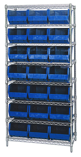 Quantum WR8-255 in Blue – Quantum Stack & Hang Wire Shelving with Bins – 36" x 18" x 74"