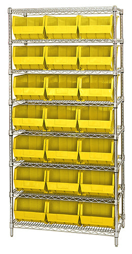Quantum WR8-255 in Yellow – Quantum Stack & Hang Wire Shelving with Bins – 36" x 18" x 74"