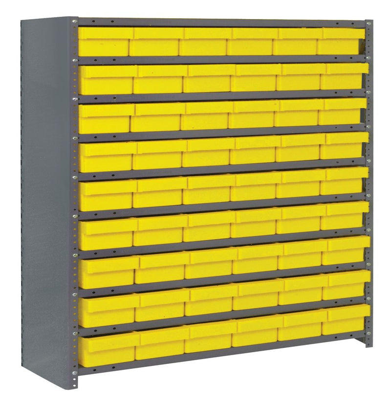 Storage rack with yellow bins on a white background