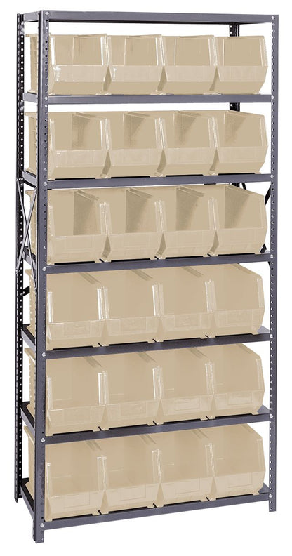 Storage rack with beige bins on a white background