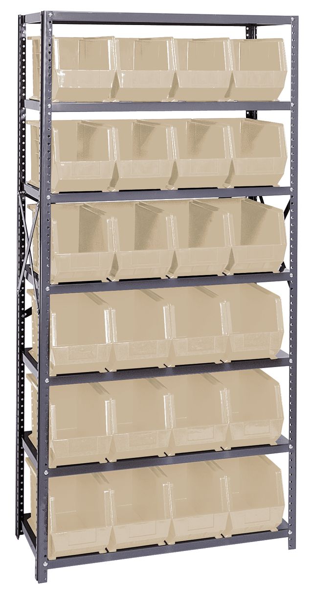 Storage rack with beige bins on a white background