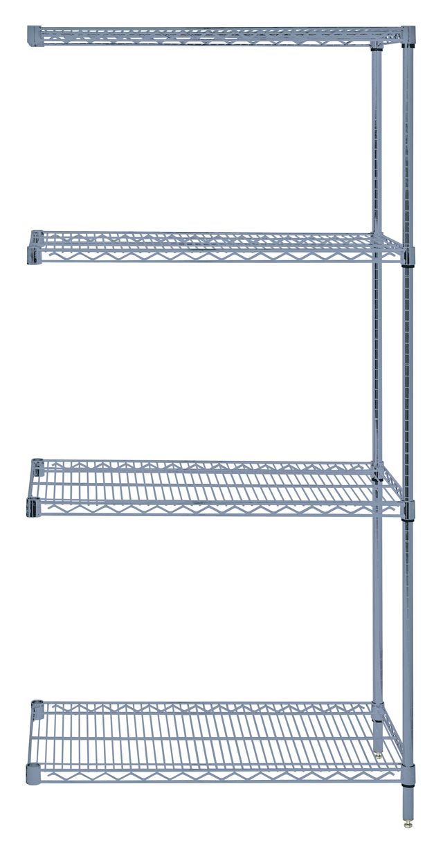 Metal wire shelving unit with five shelves on a white background