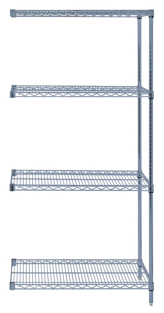 Metal wire shelving unit with five shelves on a white background