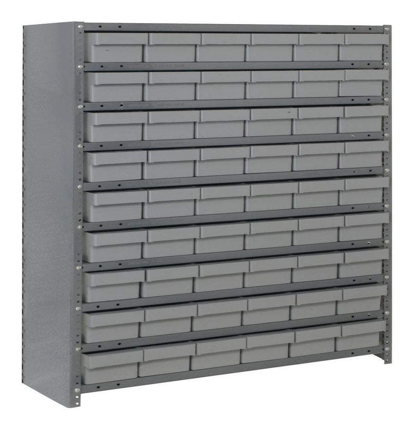 Gray storage rack with multiple shelves on a white background