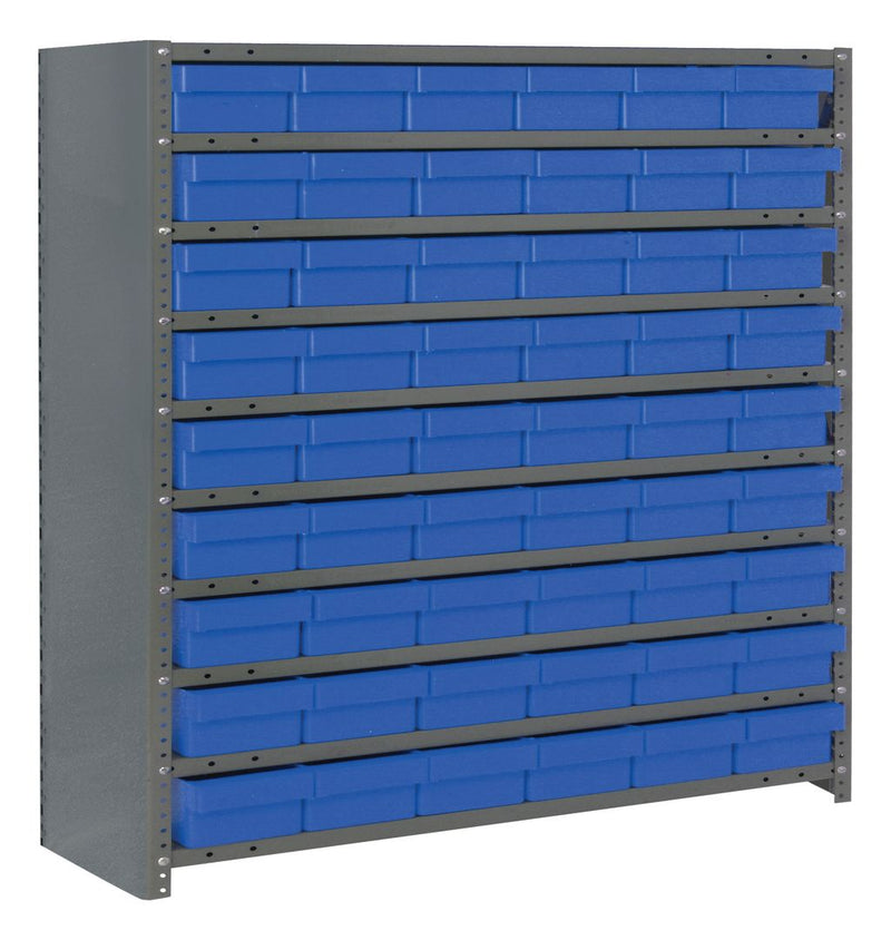 Storage rack with blue bins on a white background