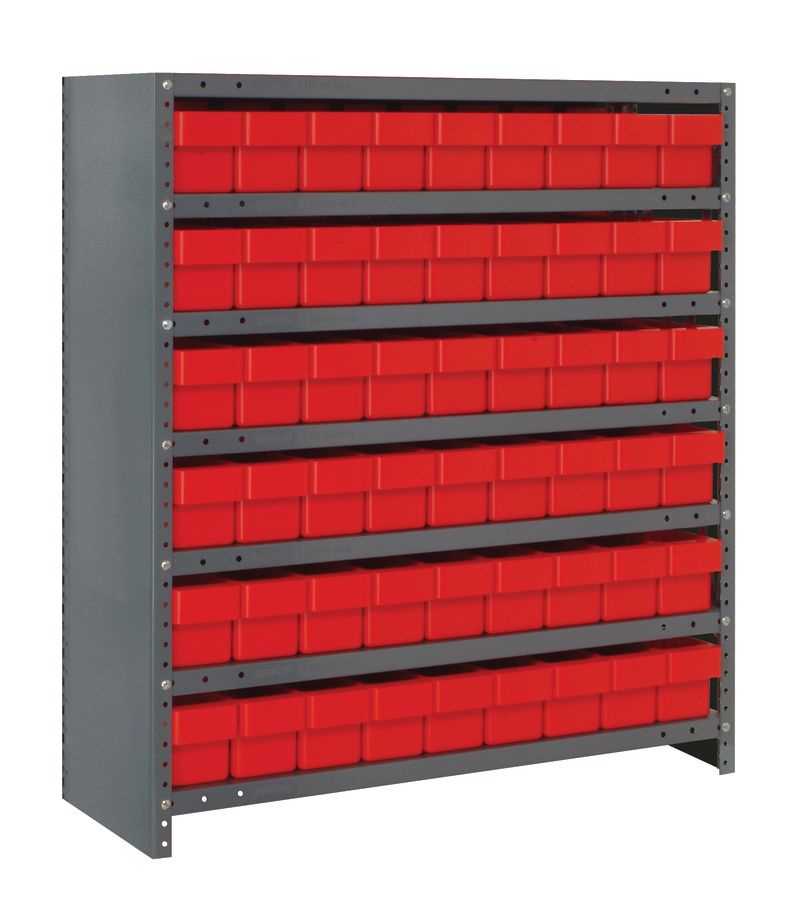 Gray storage rack with red bins on a white background