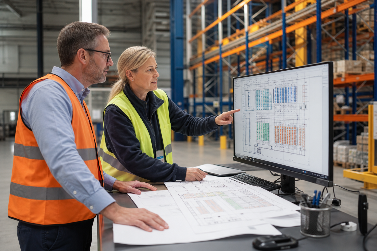 Warehouse engineer and facility manager reviewing a shelving system design