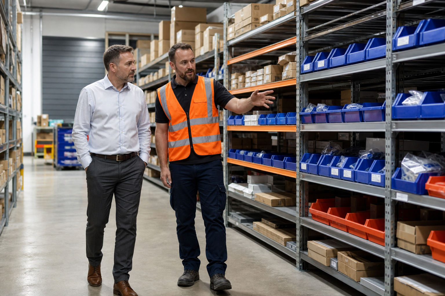 Storage specialist discussing organized industrial shelving solutions